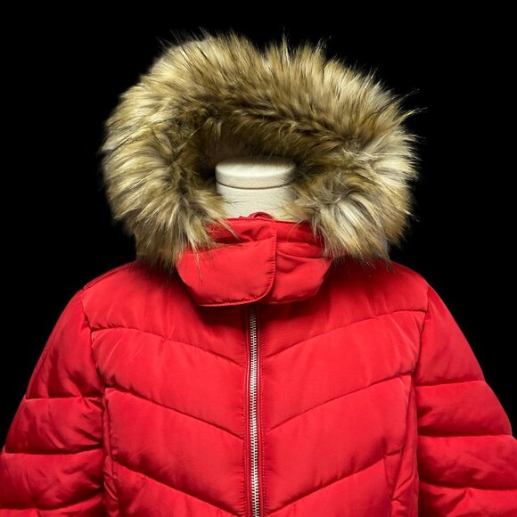 Red Puffer Coat w/ Faux Fur Hood - Picture 3 of 3